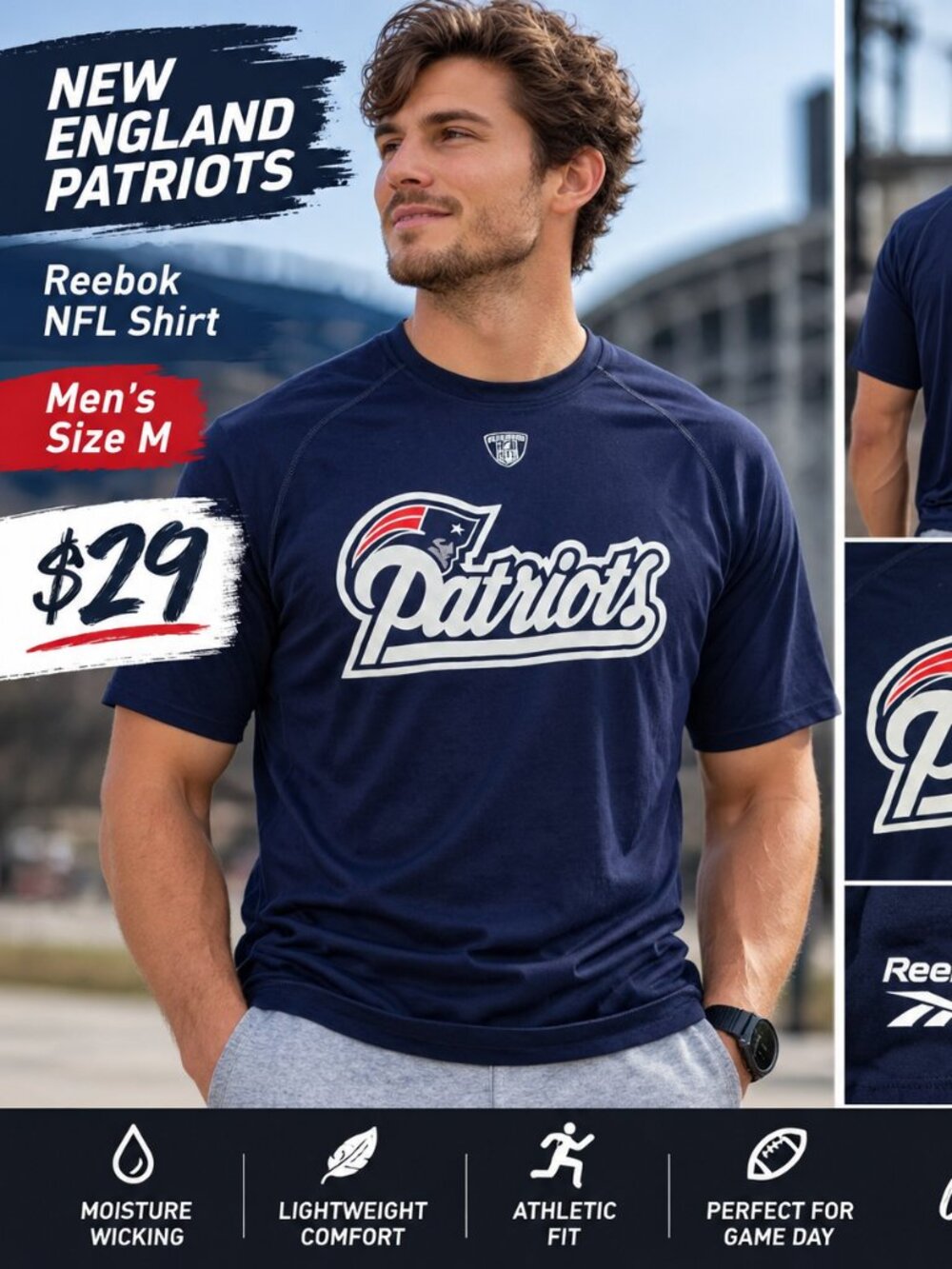 New England Patriots Reebok NFL Speedwick Shirt Men’s Medium